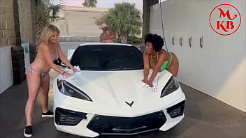 Three Horny Sluts Get Down And Dirty, Sucking And Fucking Jasper Woodcock’s Big Cock At A Public Carwash